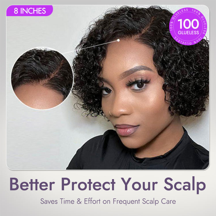 Trendy Short Cut Curly Minimalist HD Lace Glueless Side Part Wig 100% Human Hair Pre-Cut Lace