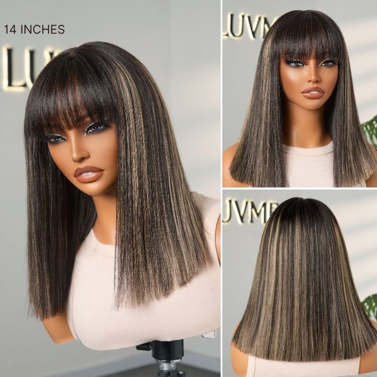New Customers Only | Put On and Go Realistic Glueless Yaki Straight Bob with Bangs Minimalist Lace Wig 100% Human Hair