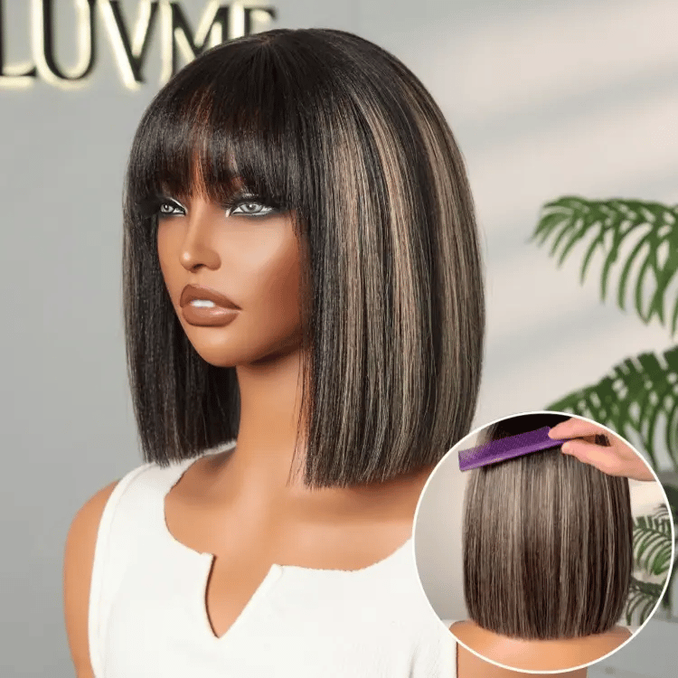New Customers Only | Put On and Go Realistic Glueless Yaki Straight Bob with Bangs Minimalist Lace Wig 100% Human Hair