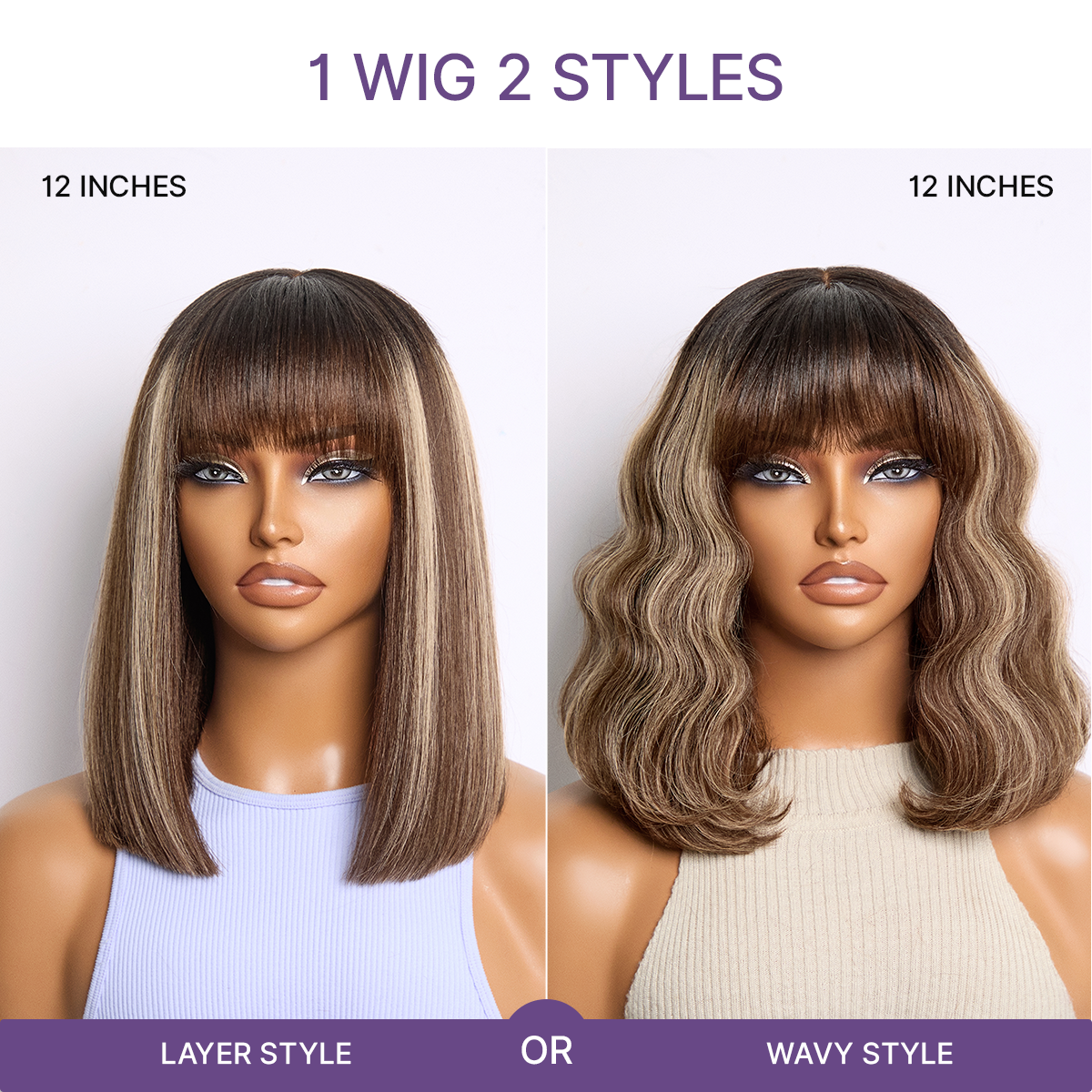 New Customers Only | Put On and Go Realistic Glueless Yaki Straight Bob with Bangs Minimalist Lace Wig 100% Human Hair
