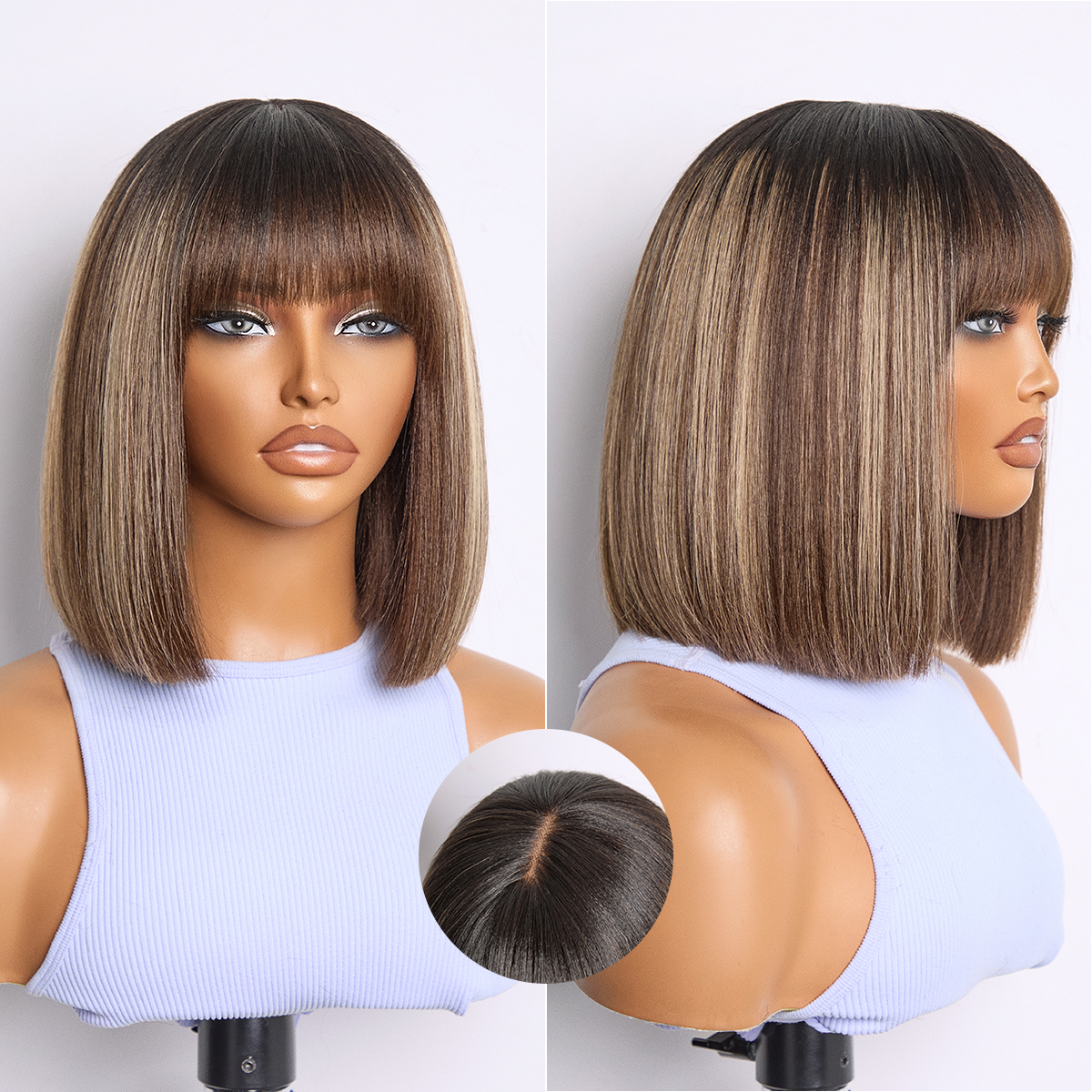 New Customers Only | Put On and Go Realistic Glueless Yaki Straight Bob with Bangs Minimalist Lace Wig 100% Human Hair