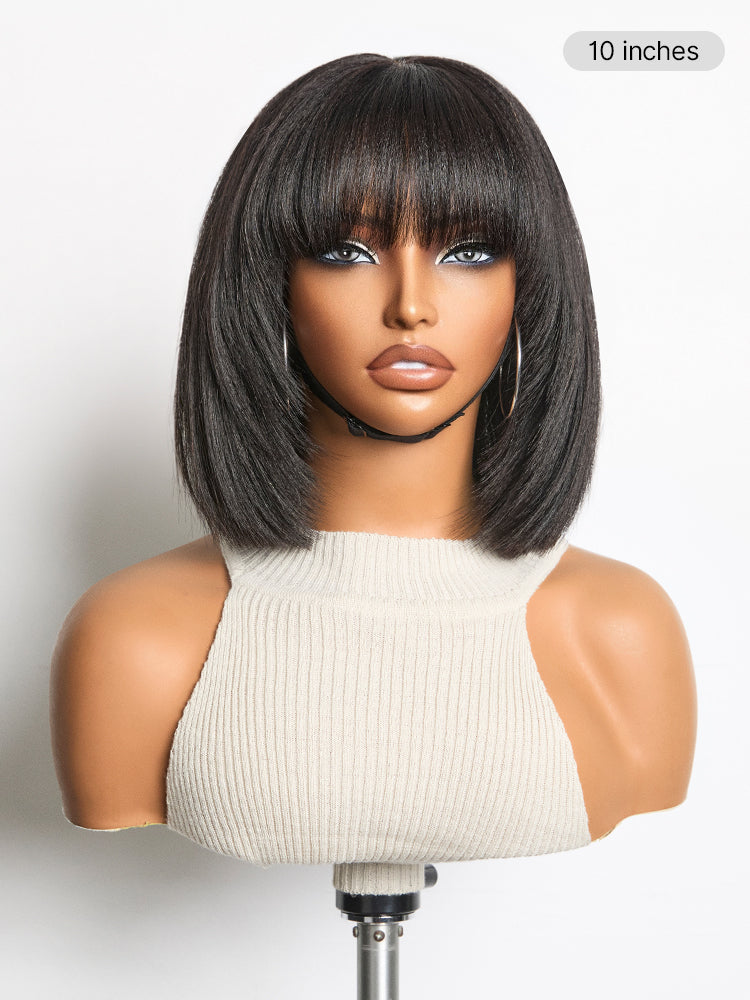 Special Offer | Put On and Go Brown Highlight / Natural Black Layered Cut Yaki Straight Minimalist Lace Bob Wig with Bangs
