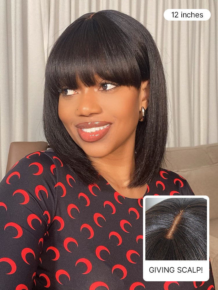 Special Offer | Put On and Go Brown Highlight / Natural Black Layered Cut Yaki Straight Minimalist Lace Bob Wig with Bangs