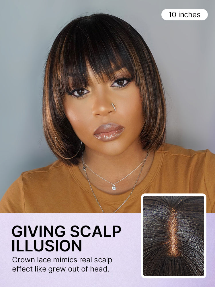 Special Offer | Put On and Go Brown Highlight / Natural Black Layered Cut Yaki Straight Minimalist Lace Bob Wig with Bangs