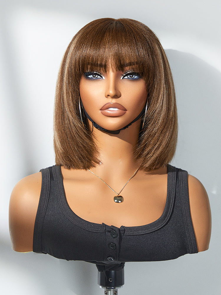 Special Offer | Put On and Go Brown Highlight / Natural Black Layered Cut Yaki Straight Minimalist Lace Bob Wig with Bangs
